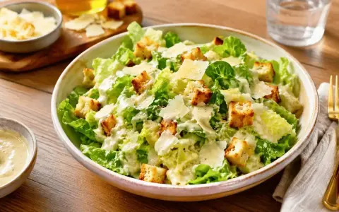 Une généreuse salade César fraîchement préparée, garnie de croûtons dorés et de copeaux de parmesan.