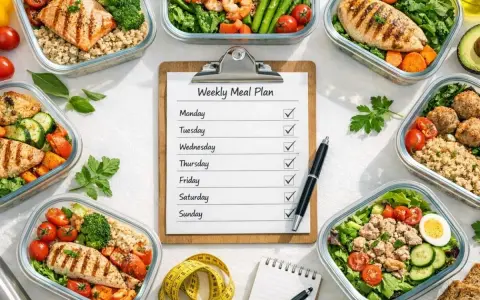 Un planificateur de repas hebdomadaire avec des contenants de repas sains et faciles : saumon, crevettes, poulet, boulettes de viande, salade.