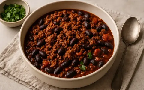 Un bol de chili con carne, une recette réconfortante avec viande hachée et haricots noirs, garni de persil frais.