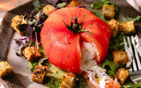 Une tomate farcie de burrata crémeuse, accompagnée de croûtons croustillants et d'une sauce verte. Une idée parfaite pour une recette burrata froide.