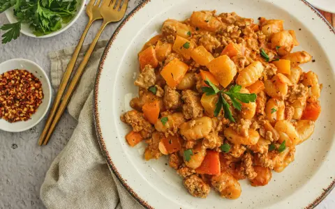 Délicieux sauté boeuf haché asiatique avec des gnocchis et des morceaux de carottes, garni de persil frais.