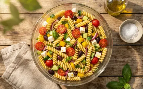 Salade de pâtes colorée avec tomates cerises, concombre, olives, poivrons jaunes et feta. Un plat frais et estival.