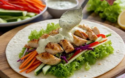Sauce crémeuse versée sur un wrap garni de poulet grillé, laitue, carottes, concombre et chou rouge. Parfait pour une recette sauce wrap facile.