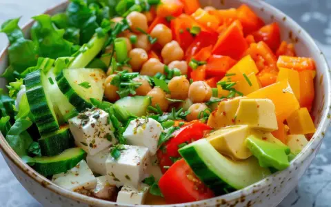 Un bol coloré de salade fraîche avec pois chiches, concombre, tomates, poivrons, avocat et feta. Parfait pour savoir que manger froid.