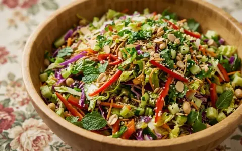 Salade asiatique colorée dans un bol en bois, garnie de cacahuètes, d'amandes effilées et de graines de sésame.