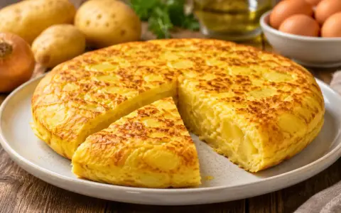Une délicieuse tortilla espagnole, avec une part coupée, prête à être dégustée. Des pommes de terre et des oignons sont visibles en arrière-plan.