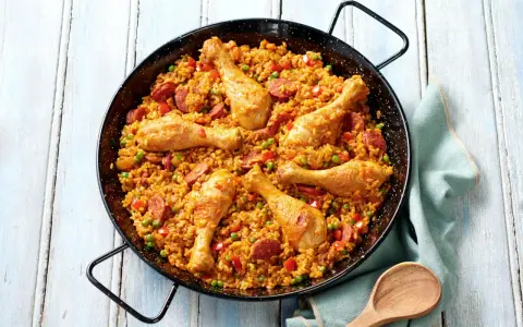 Paella au poulet et chorizo, un plat coloré et savoureux, parfait pour une recette facile et conviviale.