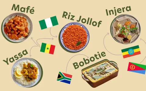 Un voyage culinaire à travers l'Afrique : Mafé, Riz Jollof, Injera, Yassa et Bobotie, des plats emblématiques.