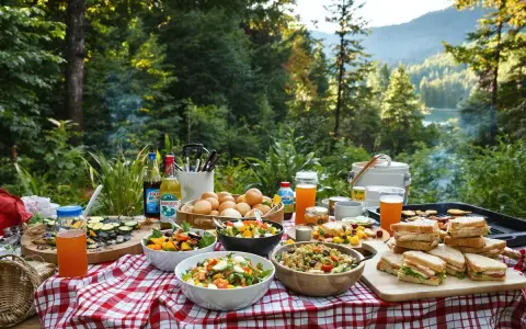 Un festin en plein air : salades, sandwichs, fruits et boissons sur une table de pique-nique. Une belle idée repas camping pour profiter de la nature.
