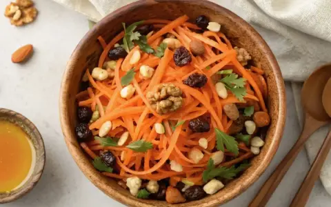 Salade de carottes râpées, garnie de noix, raisins secs et persil, dans un bol en bois. Un petit ramequin de miel est à côté.