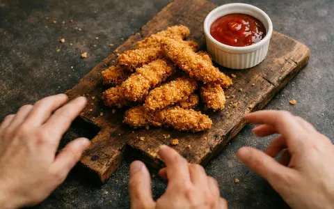 Des doigts s'approchent d'un tas de poulet pané croustillant sur une planche en bois, avec un petit ramequin de sauce tomate.
