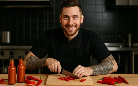 Chef souriant prépare une sauce piquante recette facile. Des piments rouges et des bouteilles de sauce sont sur la table.