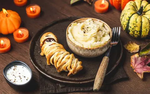 Un délicieux menu d'Halloween pour adultes : une momie feuilletée, purée de pommes de terre et sauce crémeuse, le tout dans une ambiance tamisée par des bougies.