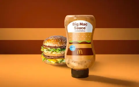 Bouteille de sauce Big Mac en édition limitée à côté d'un Big Mac. La sauce a un design inspiré du burger.
