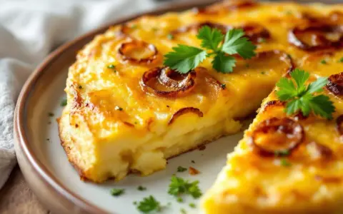 Une délicieuse tortilla aux pommes de terre et oignons caramélisés, parfaite pour une recette facile et savoureuse.