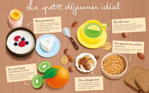 Un petit déjeuner idéal : protéines (œufs, fromage), fruits (orange, kiwi), oléagineux, glucides (pain, muesli) et thé vert.