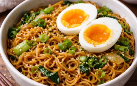 Un bol de ramen sauté garni d'œufs mollets, d'oignons verts et de graines de sésame. Un plat savoureux et réconfortant.