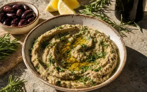 Un bol de caviar d'aubergine crémeux, garni d'herbes fraîches et d'huile d'olive, avec des olives, des quartiers de citron et du romarin en arrière-plan.