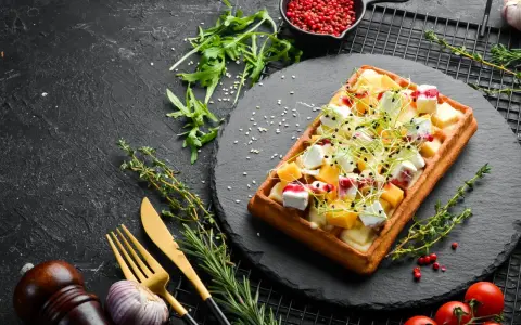 Gaufre salée garnie de fromage, de dés de mangue et de pousses vertes, sur une ardoise noire.