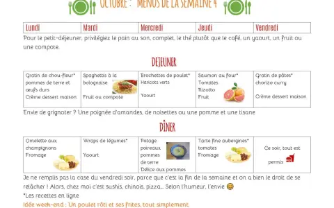 Menu de la semaine d'octobre : déjeuners variés (gratin, spaghettis, brochettes, saumon, gratin de pâtes) et dîners (omelette, wraps, potage, tarte fine).