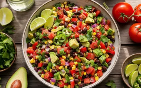 Salade mexicaine recette : un plat coloré avec haricots noirs, maïs, avocat, tomates, oignons rouges et jalapeños, garni de coriandre et de quartiers de citron vert.