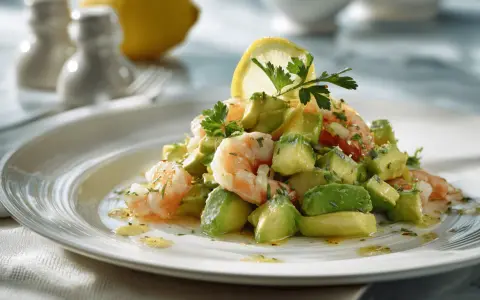 Salade avocat crevette fraîchement préparée, garnie d'une tranche de citron et de persil.