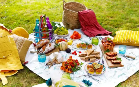 Un pique-nique gourmand sur l'herbe : pains, fromages, fruits, mini quiches, sandwichs, roulé salé, et boissons colorées. Une belle idée pique-nique !
