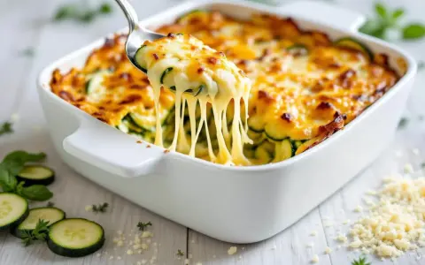 Une cuillère soulève une portion généreuse de gratin de légumes, révélant des courgettes fondantes sous un fromage doré et filant.