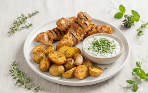 Brochettes de porc grillées, pommes de terre rôties et sauce crémeuse aux herbes. Un délice de marinade porc.