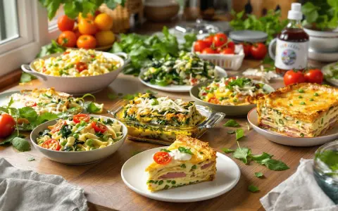 Des plats variés prêts à être dégustés, parfaits pour une idée batch cooking réussie. Lasagnes, pâtes et salades composent ce festin.
