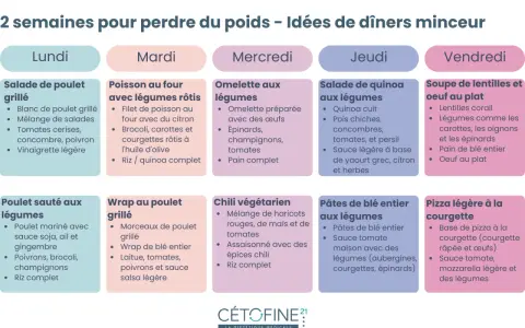 Plan de repas pour comment manger léger le soir : salades, poisson, omelettes, quinoa, soupes et wraps.