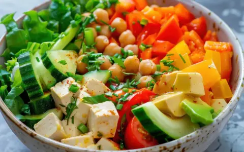 Un bol coloré de salade originale avec tofu, pois chiches, concombre, poivrons, avocat et herbes fraîches.