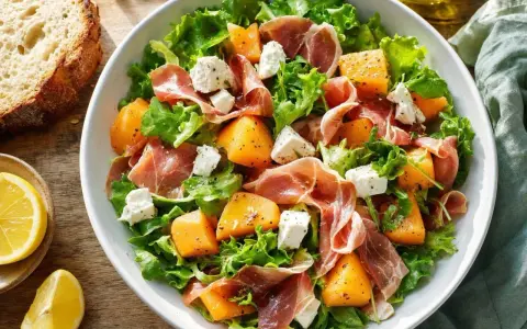Salade melon feta avec prosciutto, roquette et laitue. Des morceaux de melon juteux, de la feta crémeuse et des tranches de prosciutto se mêlent à des feuilles vertes fraîches.
