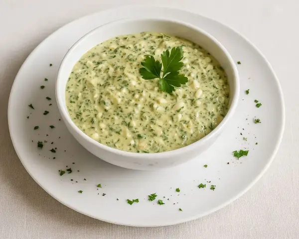 Un bol de sauce gribiche crémeuse, parsemée de persil frais et de petits morceaux d'œuf dur, garni d'une feuille de persil.