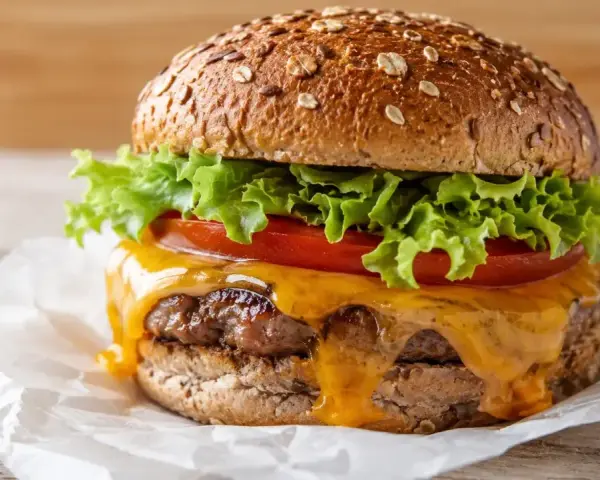 Un délicieux burger avec une salade croquante, une tomate juteuse et du fromage fondant. Un vrai régal !