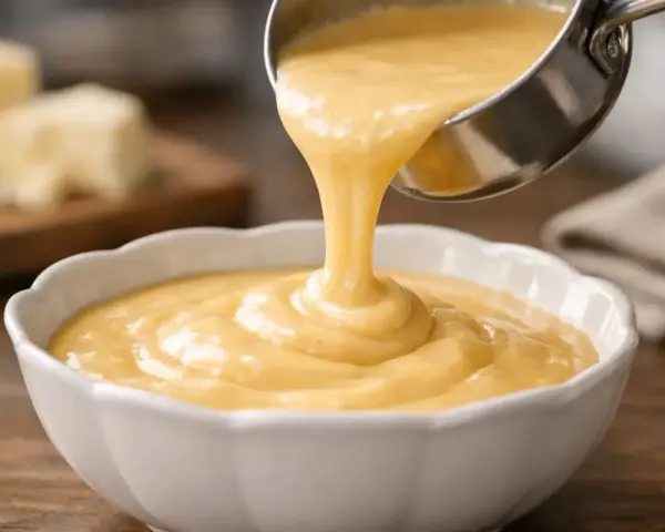 Une louche verse une sauce fromagère onctueuse dans un bol blanc. Des blocs de fromage sont flous en arrière-plan.