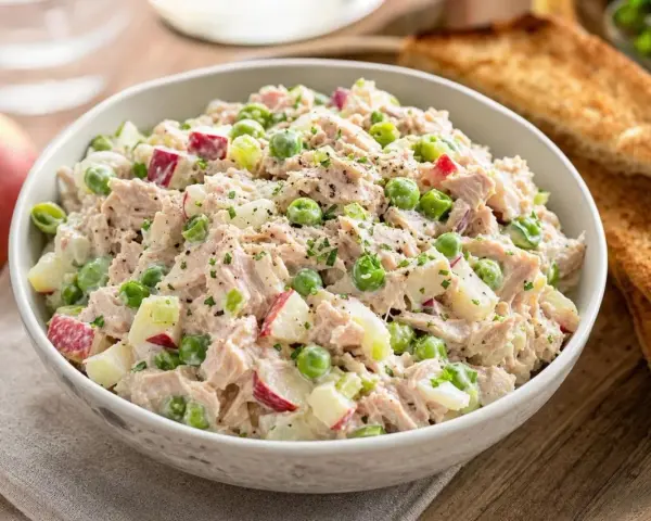 Salade de thon crémeuse avec des morceaux de pomme rouge, des petits pois et du céleri, garnie d'herbes fraîches et de poivre noir.