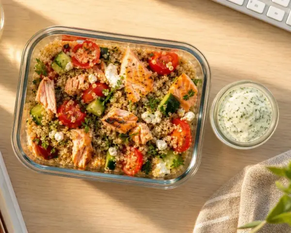 Salade de quinoa avec saumon grillé, tomates, concombre et feta, parfaite pour un repas lunch sain. Sauce crémeuse à l'aneth à côté.