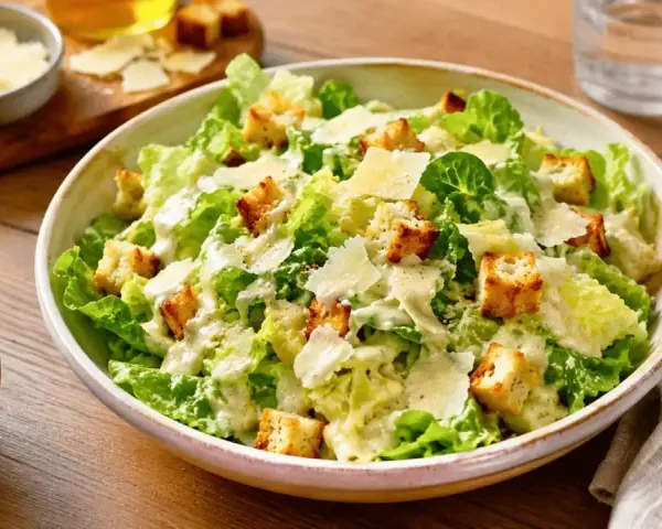Une généreuse salade César fraîchement préparée, garnie de croûtons dorés et de copeaux de parmesan.