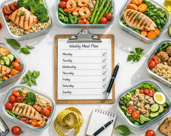 Un planificateur de repas hebdomadaire avec des contenants de repas sains et faciles : saumon, crevettes, poulet, boulettes de viande, salade.