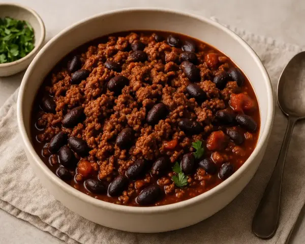 Un bol de chili con carne, une recette réconfortante avec viande hachée et haricots noirs, garni de persil frais.