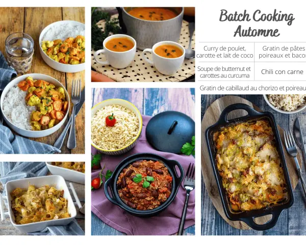 Idées de batch cooking sans gluten : curry, soupe, chili et gratins. Parfait pour un automne gourmand et sain.