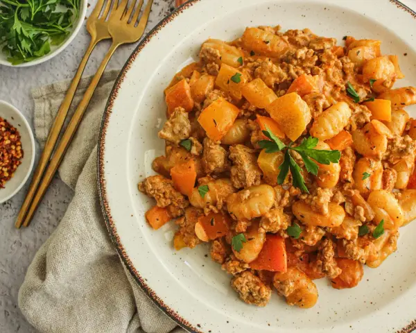 Délicieux sauté boeuf haché asiatique avec des gnocchis et des morceaux de carottes, garni de persil frais.