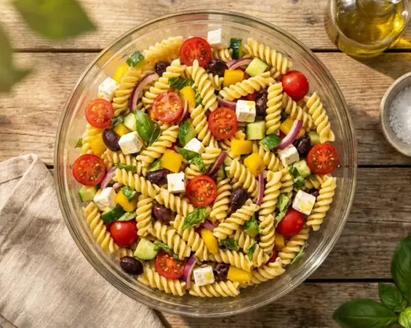 Salade de pâtes colorée avec tomates cerises, concombre, olives, poivrons jaunes et feta. Un plat frais et estival.