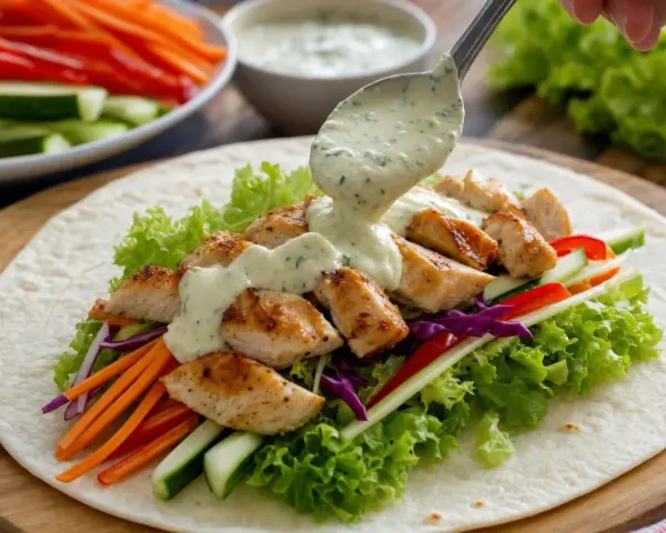 Sauce crémeuse versée sur un wrap garni de poulet grillé, laitue, carottes, concombre et chou rouge. Parfait pour une recette sauce wrap facile.