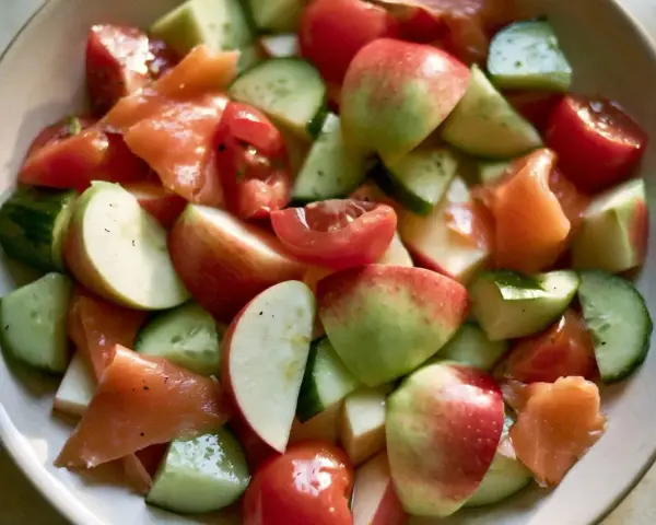 Salade fraîche et colorée : morceaux de concombre, tomates cerises, pommes rouges et saumon fumé, le tout servi dans un bol.