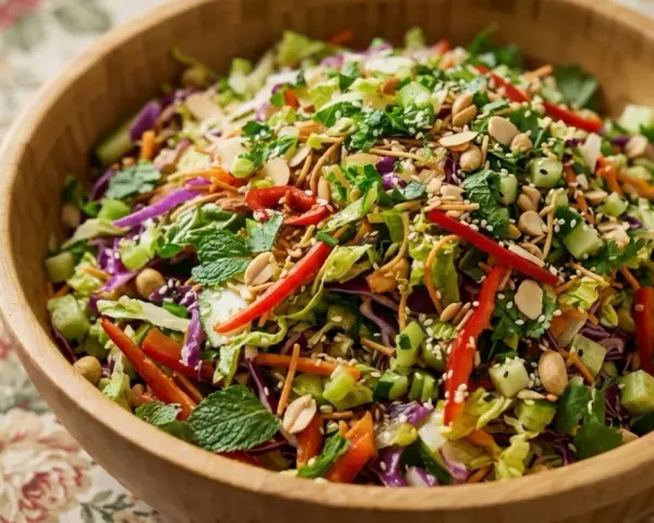 Salade asiatique colorée dans un bol en bois, garnie de cacahuètes, d'amandes effilées et de graines de sésame.