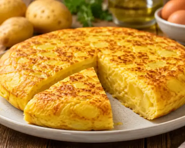 Une délicieuse tortilla espagnole, avec une part coupée, prête à être dégustée. Des pommes de terre et des oignons sont visibles en arrière-plan.