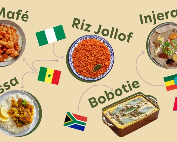 Un voyage culinaire à travers l'Afrique : Mafé, Riz Jollof, Injera, Yassa et Bobotie, des plats emblématiques.