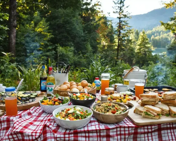 Un festin en plein air : salades, sandwichs, fruits et boissons sur une table de pique-nique. Une belle idée repas camping pour profiter de la nature.